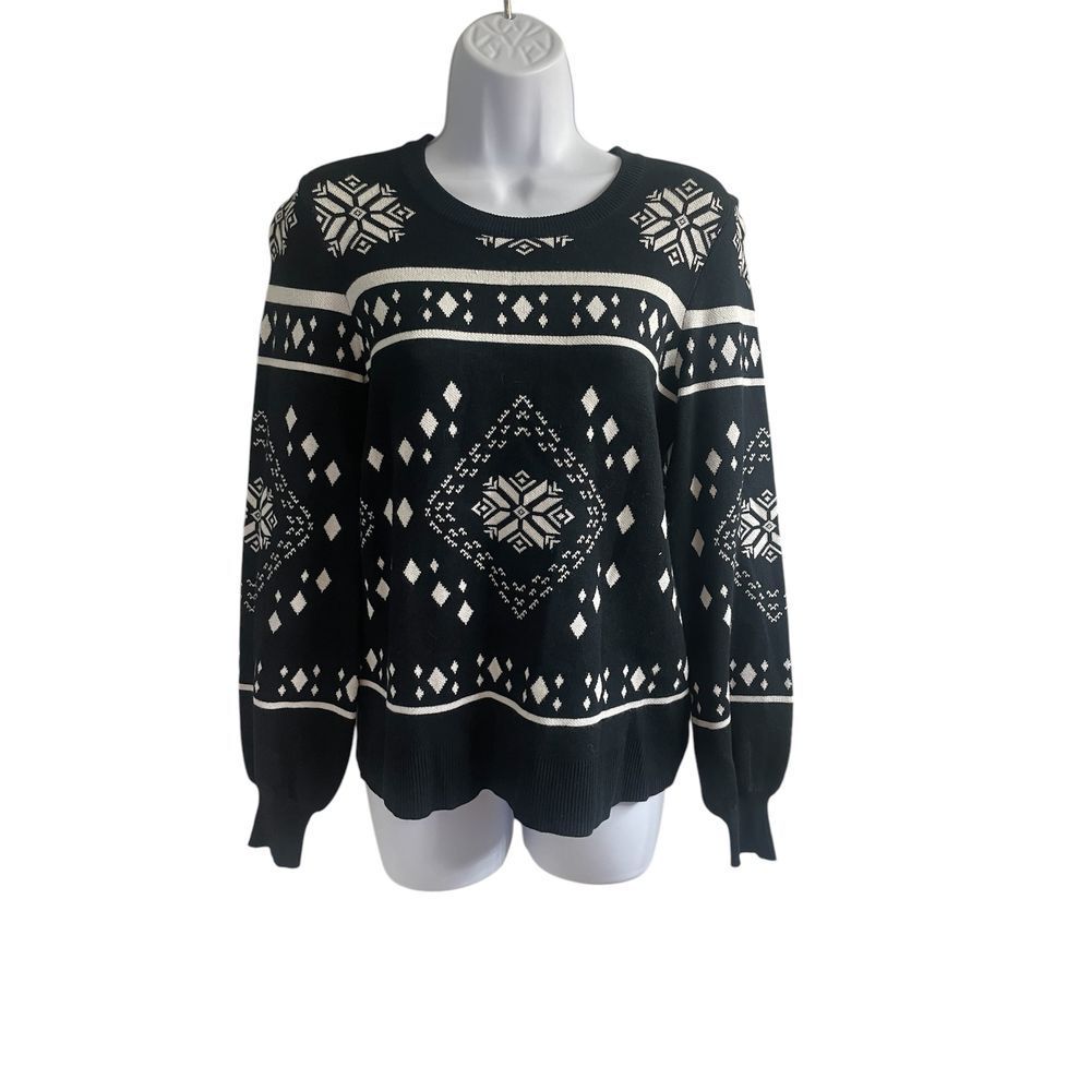 Marled Fair Isle Snowflake Winter Holiday Sweater Black White Nordic Pattern‎
